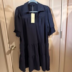 Women's Navy Midi Tiered Dress - 3/4 Sleeve